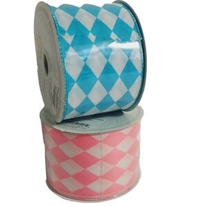 20 Yards Luv Ribbons 2-1/2" Wide Pink Blue White Diamond Poly 10 yds x 2 Lot New